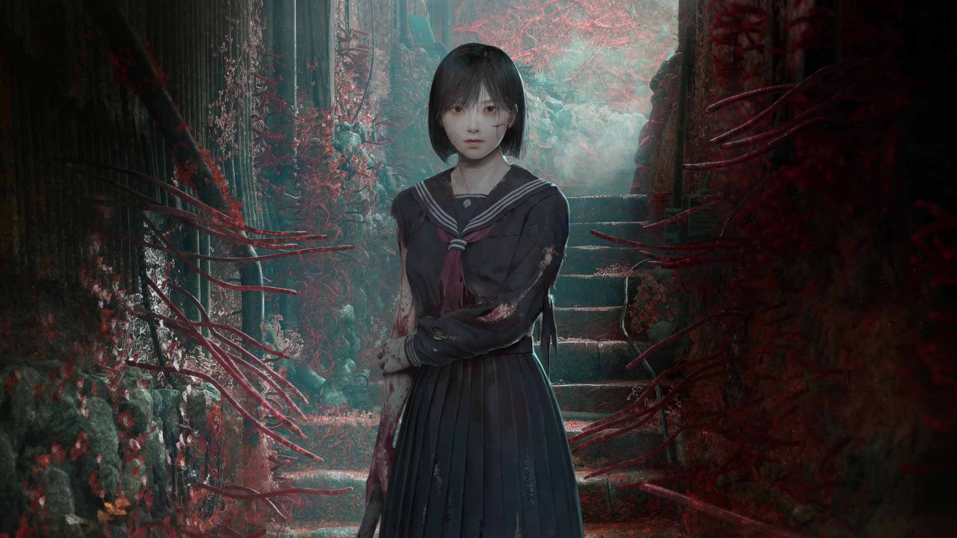 Silent Hill f gameplay screenshot showing atmospheric horror environments