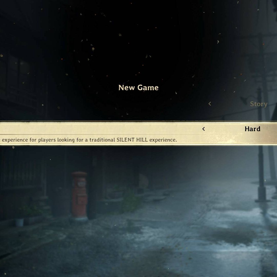 Silent Hill f difficulty settings menu showing Story, Normal, Hard, and Lost in the Fog options