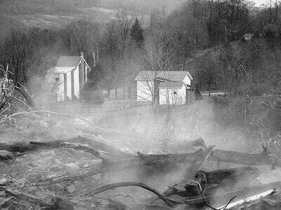 Aerial view of smoke rising from the ground in Centralia, Pennsylvania