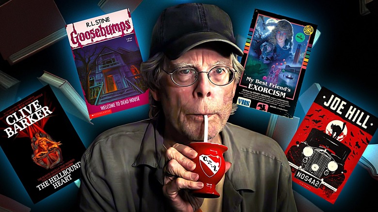Stack of classic horror novels by authors like Stephen King and Clive Barker
