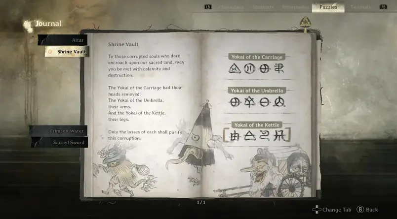 Página del diario que muestra dibujos de yokai en el modo Perdido en la Niebla