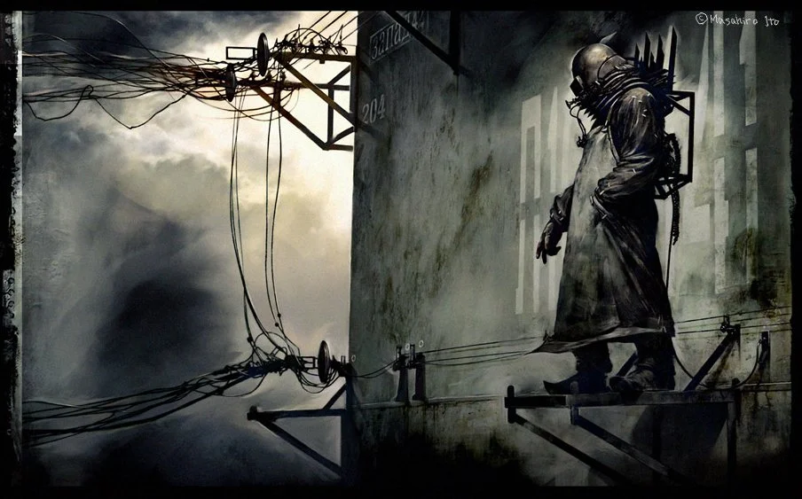 Künstlerisches Konzeptkunstbild, das den Designprozess eines Silent-Hill-f-Monsters zeigt, mit Verschmelzung organischer und anorganischer Materialien