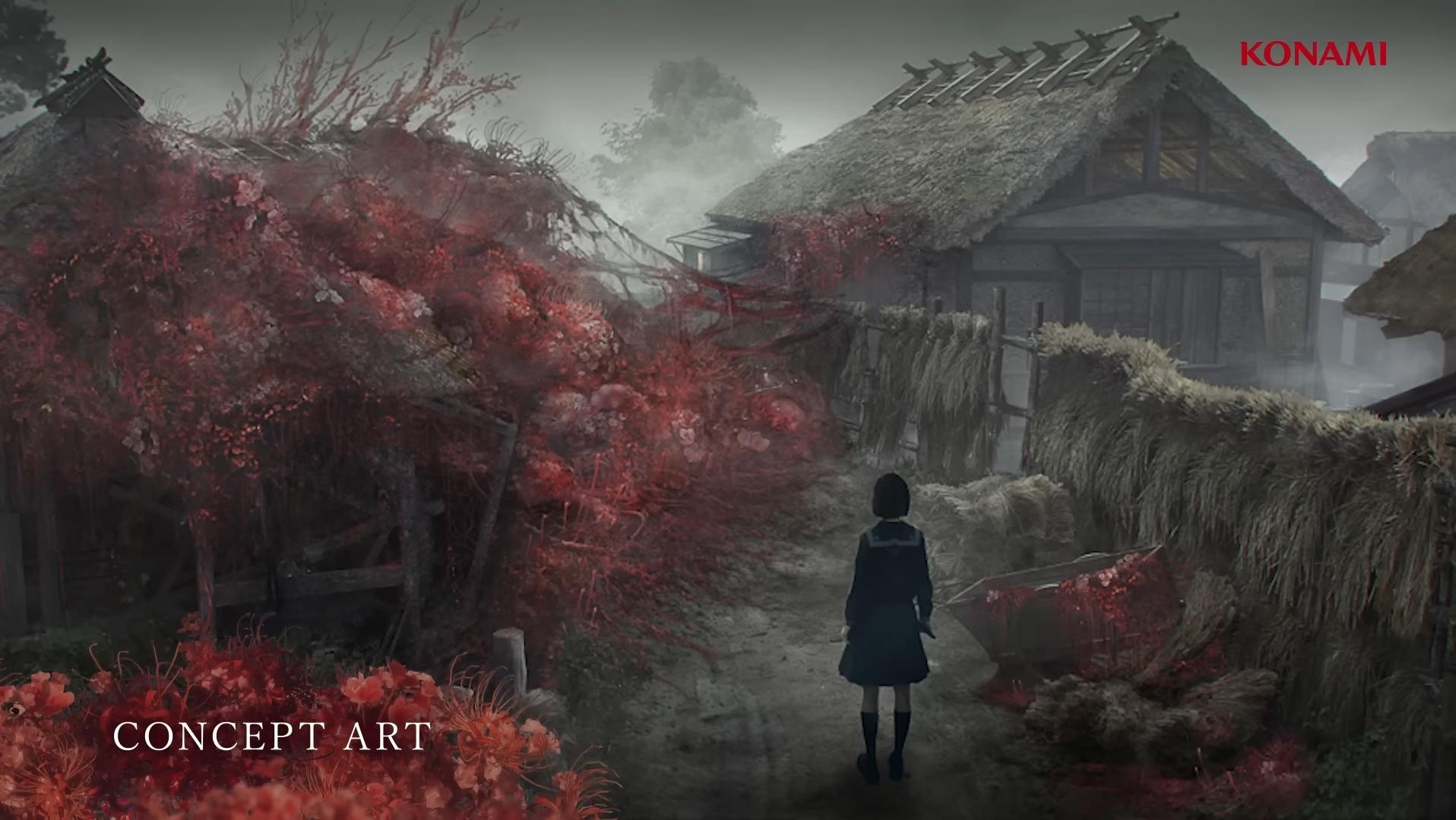 Protagonista de Silent Hill f rodeada de flores floreciendo en un entorno decadente