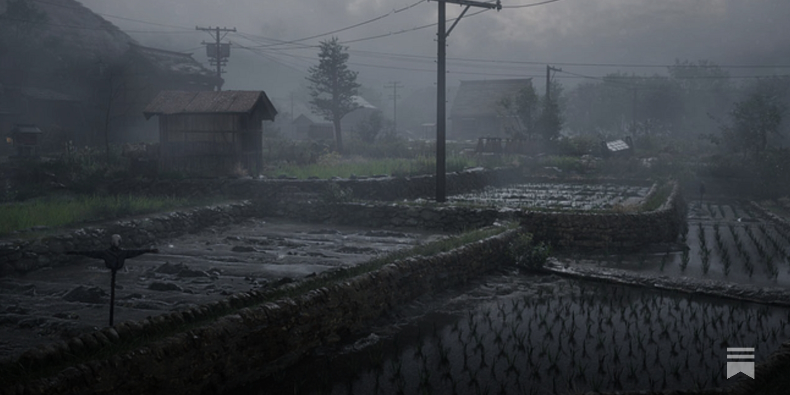 A moody, fog-shrouded path in a rural Japanese village, reminiscent of Silent Hill f's Ebisugaoka