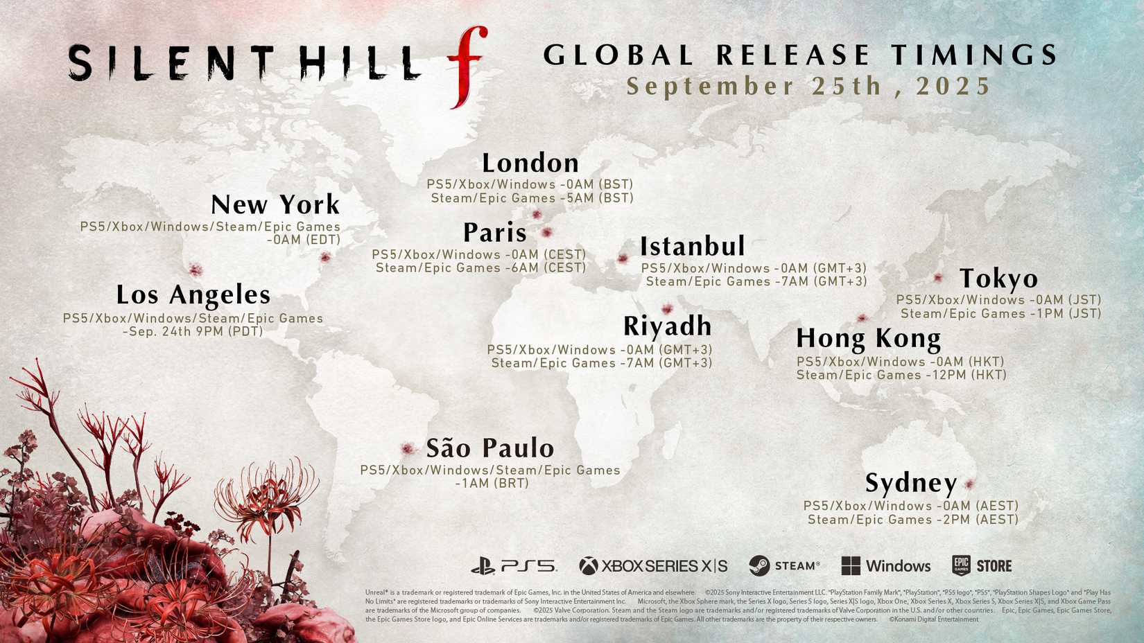 Map illustrating timezone-based game unlock for Silent Hill f early access